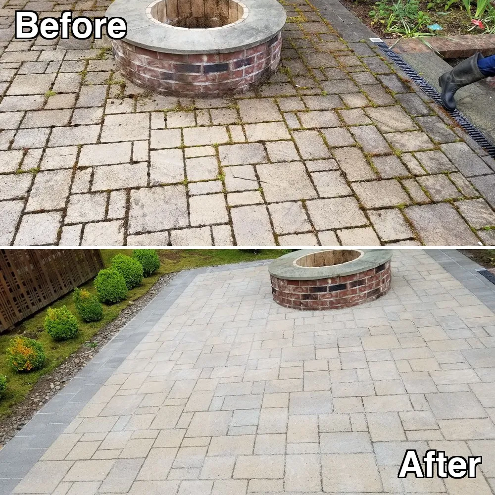 Before and after: a paver patio around a brick fire pit, green with moss in the joints, cleaned back to bright tan stone