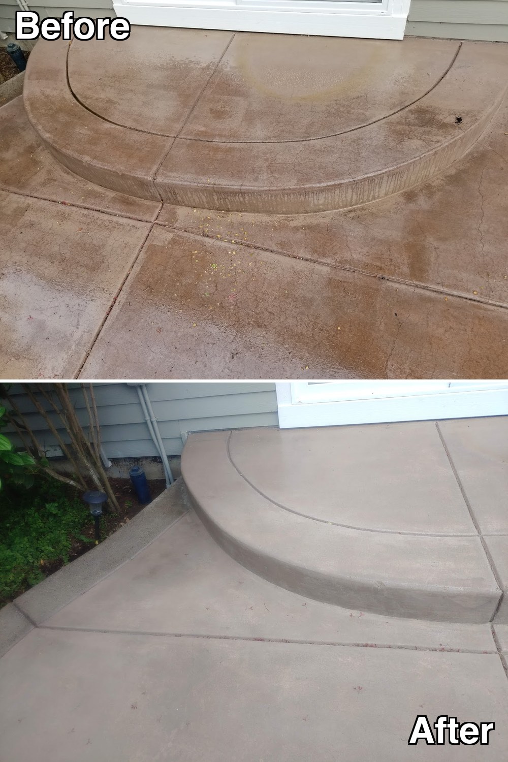 Before and after: a curved colored concrete step and patio marked with water streaking, cleaned to an even tone