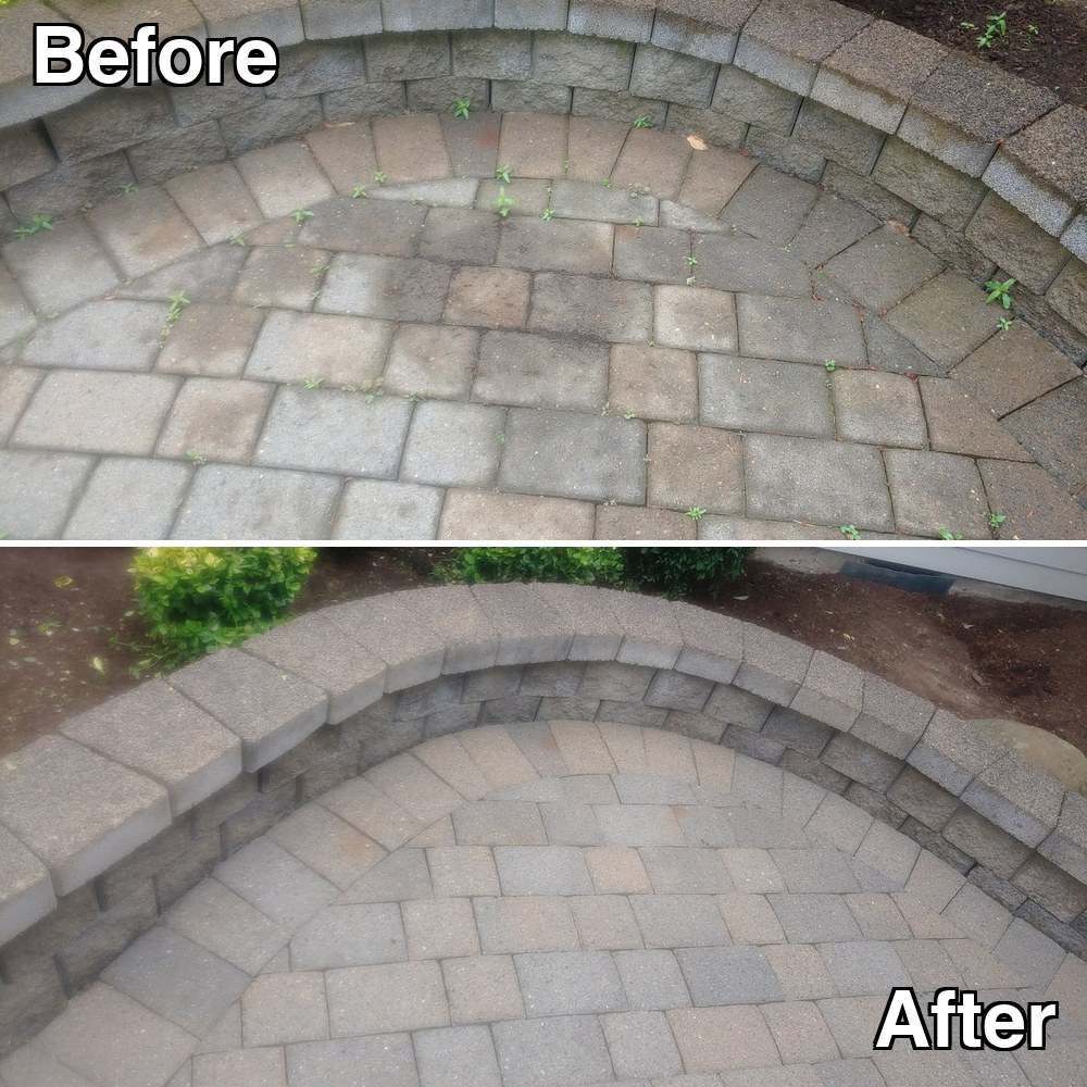 Before and after: a paver patio behind a curved seat wall, weeds and soiling in the joints, cleaned to even grey and tan stone