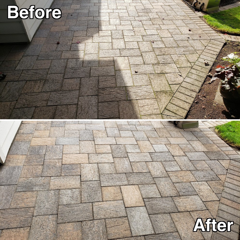 Before and after: a shaded paver patio dulled by soiling and debris, cleaned back to warm tan and grey stone
