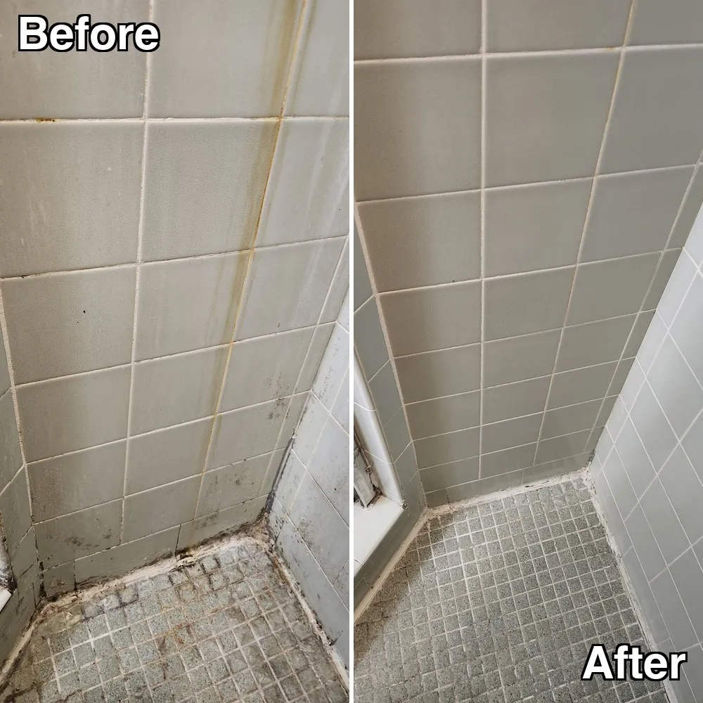 Before and after: a shower corner with rust-colored staining across the tile and grout, cleaned back to even tile and pale grout