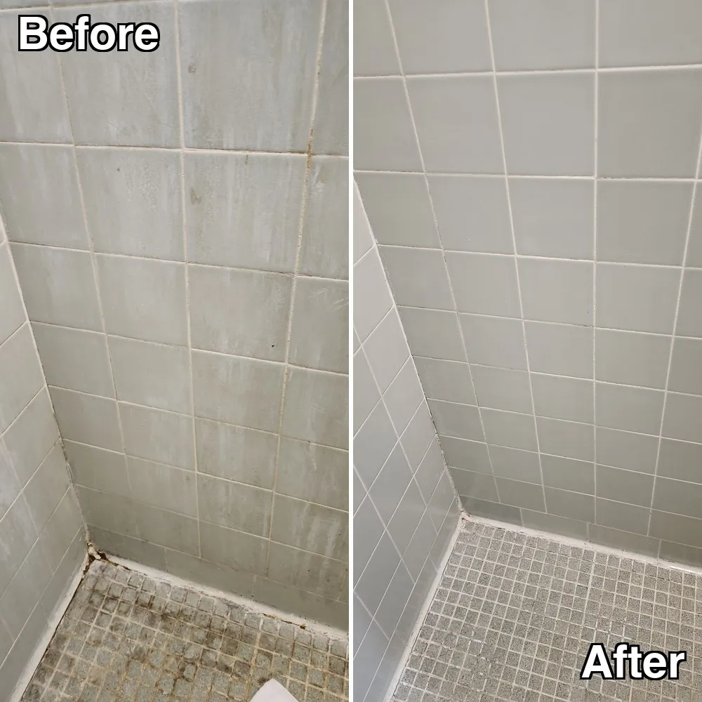 Before and after: a shower wall hazed with soap film and a darkened corner joint, cleaned back to clear tile and a clean white joint