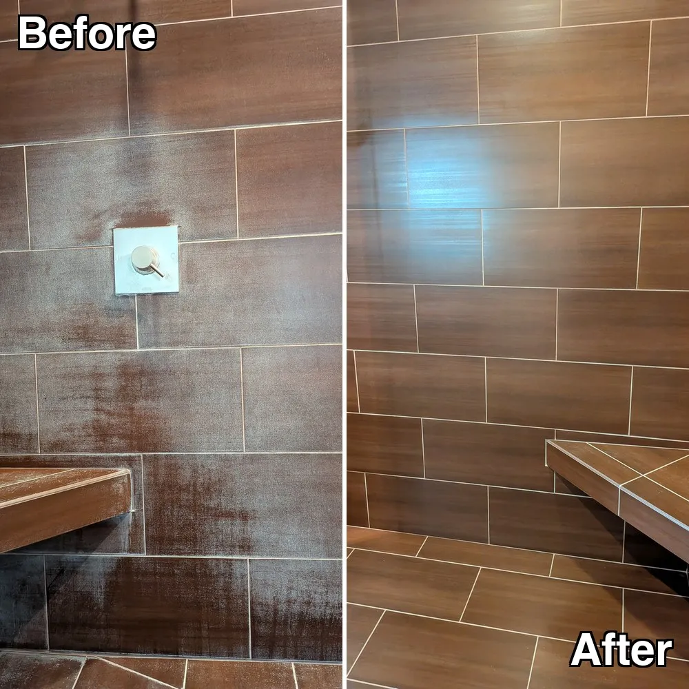 Before and after: a brown tile shower bench and wall dulled by buildup, cleaned and sealed to an even finish