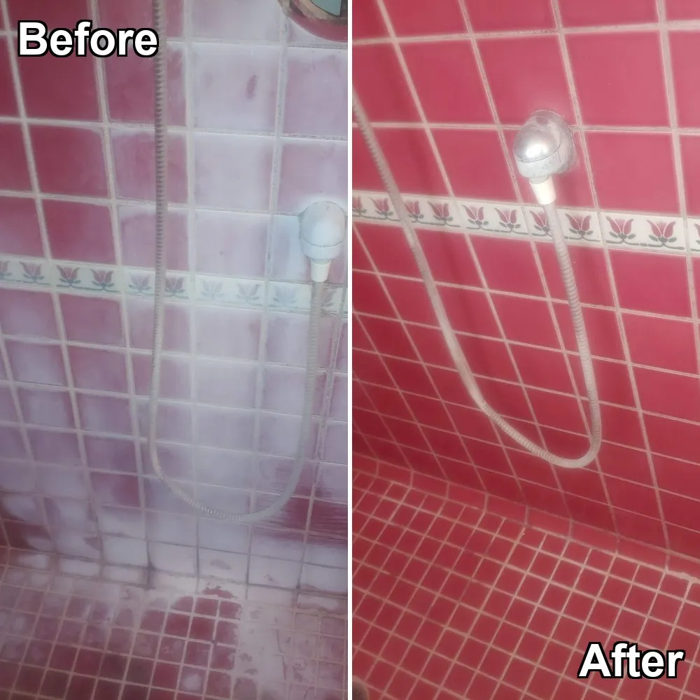 Before and after: a red tiled shower wall under heavy white mineral haze, cleaned back to bright red tile and pale grout