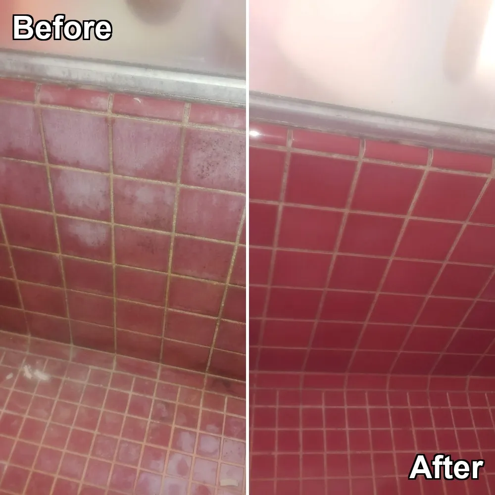 Before and after: a red tiled shower wall clouded by hard water deposits, cleaned to even red tile