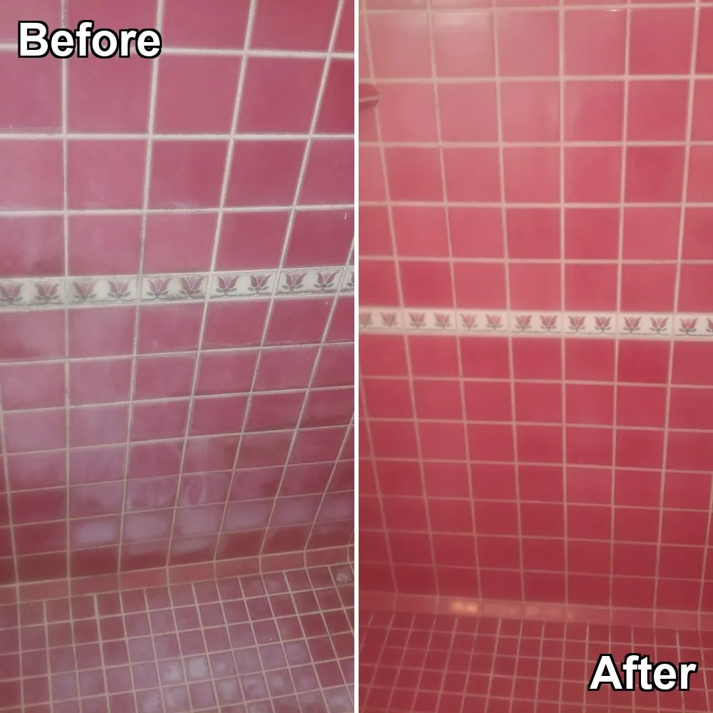 Before and after: a red tiled shower wall and floor dulled by soap and mineral buildup, cleaned to clear tile and grout