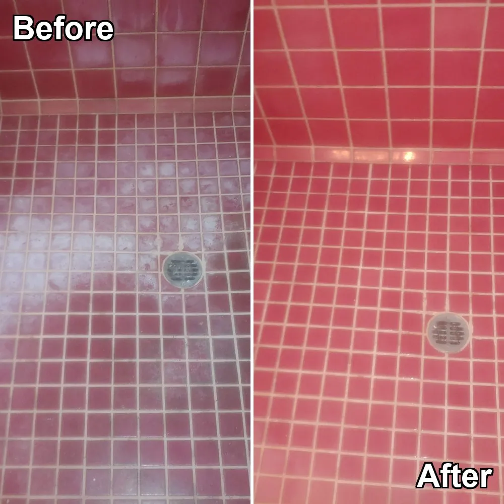 Before and after: a red tiled shower floor whitened by mineral scale, cleaned back to red tile around the drain
