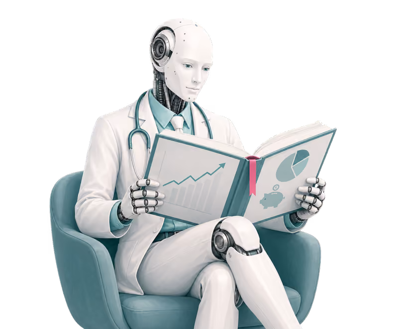 Robotic physician reading a personal finance book