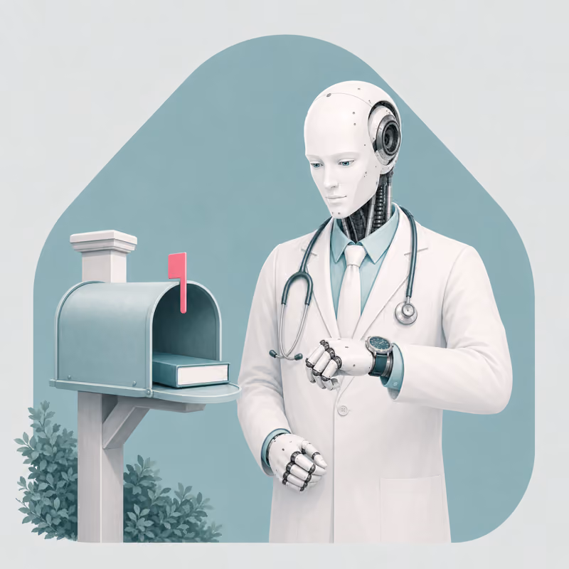 A robot physician waits by their mailbox for an awaited book