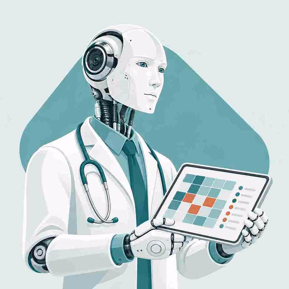Robot doctor studies a complex chart
