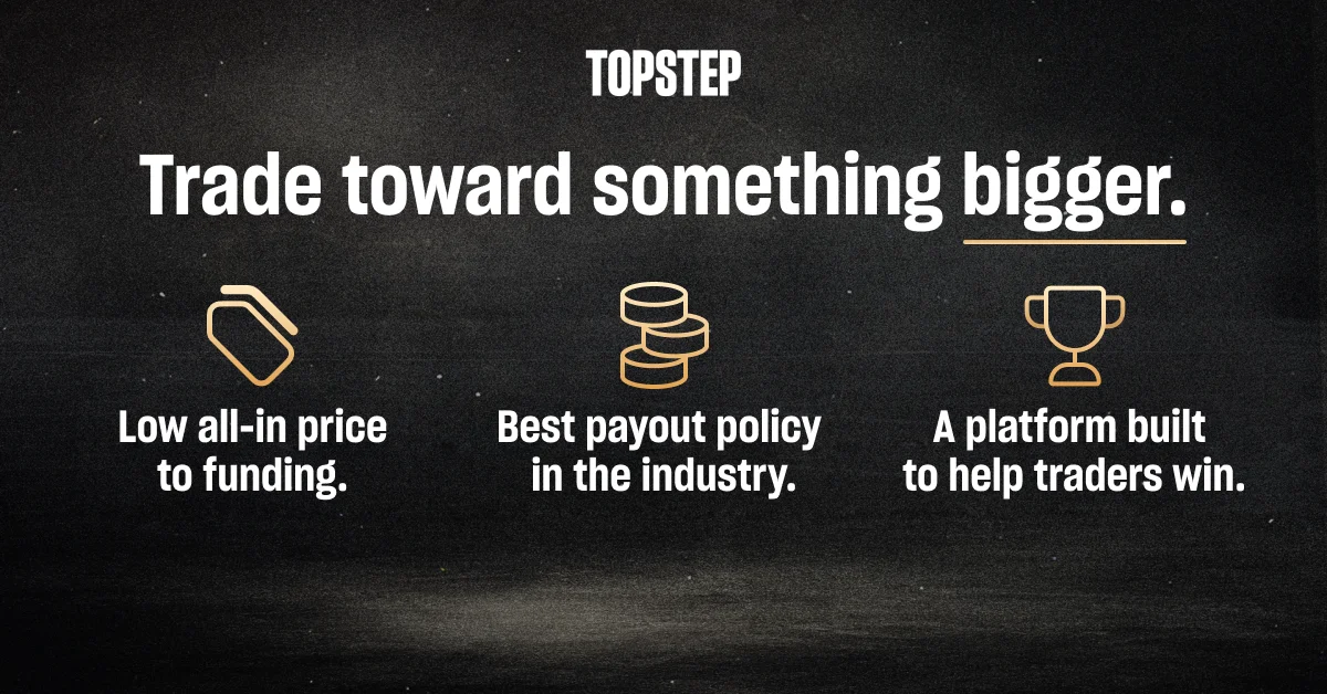 Topstep banner promoting low cost funding, strong payouts, and trader success