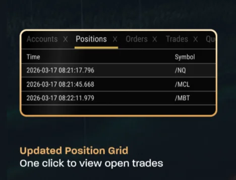 TopstepX’s Position Grid showing open futures positions by time and symbol with one-click trade access