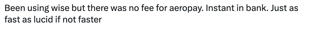 Social post from a trader comparing Topstep Aeropay payouts to Lucid Trading payout speeds.