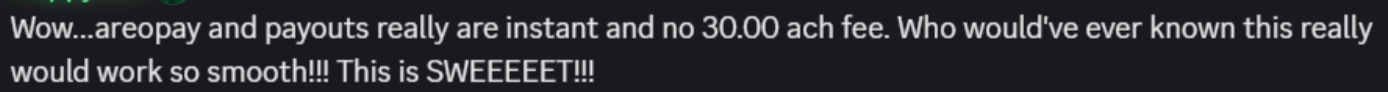 Screenshot of a trader reacting positively to Topstep instant Aeropay payouts, saying the payout was smooth, instant, and had no $30 fee.