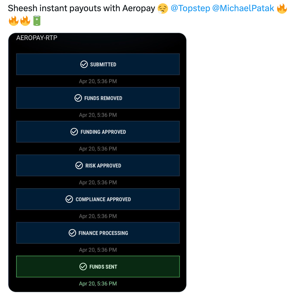 Aeropay payout status timeline showing all steps completed and funds sent within seconds to a funded trader.