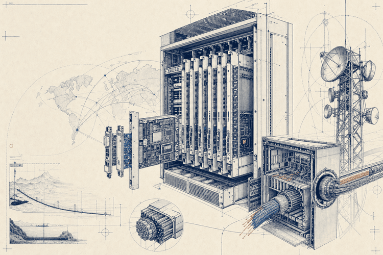 Technical blueprint showing a multivendor telecom chassis, line cards, fibre connections, microwave towers and a global support network