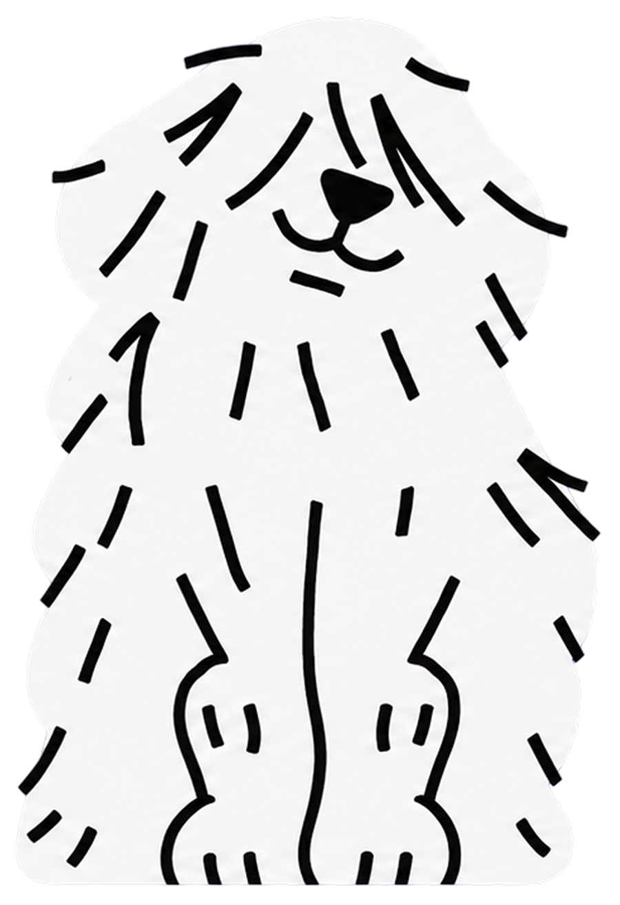 Line illustration of a shaggy dog sitting