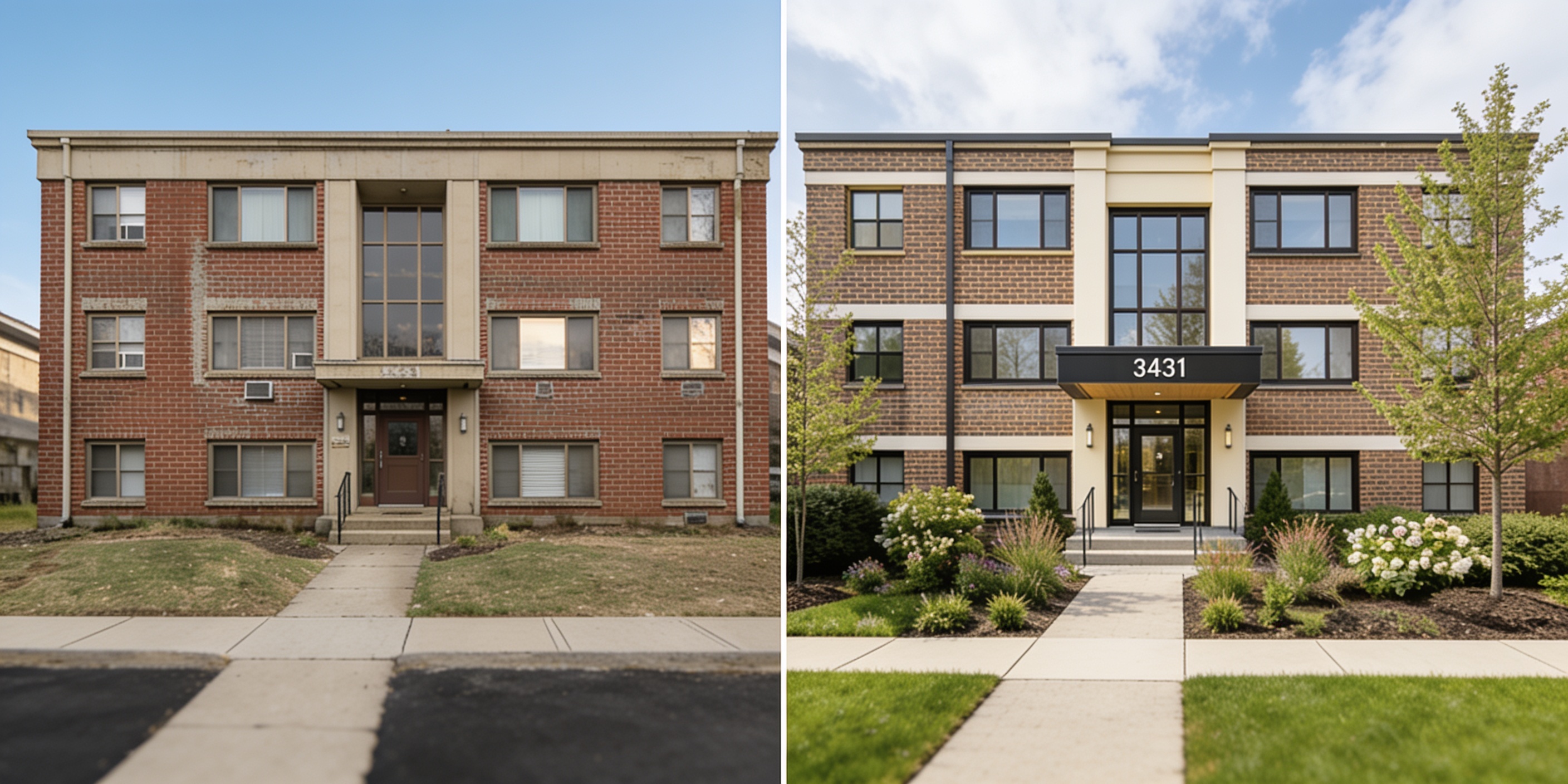 Apartment building before and after renovation by Calmwell Investments