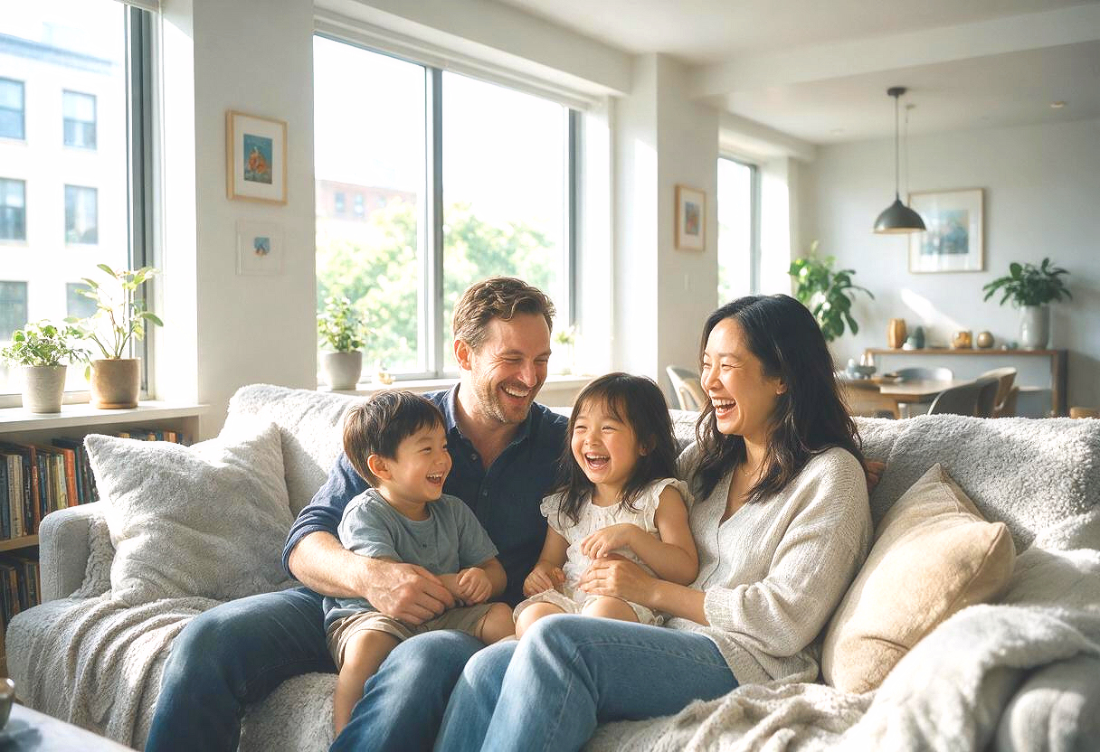 Happy family spending time together in their apartment