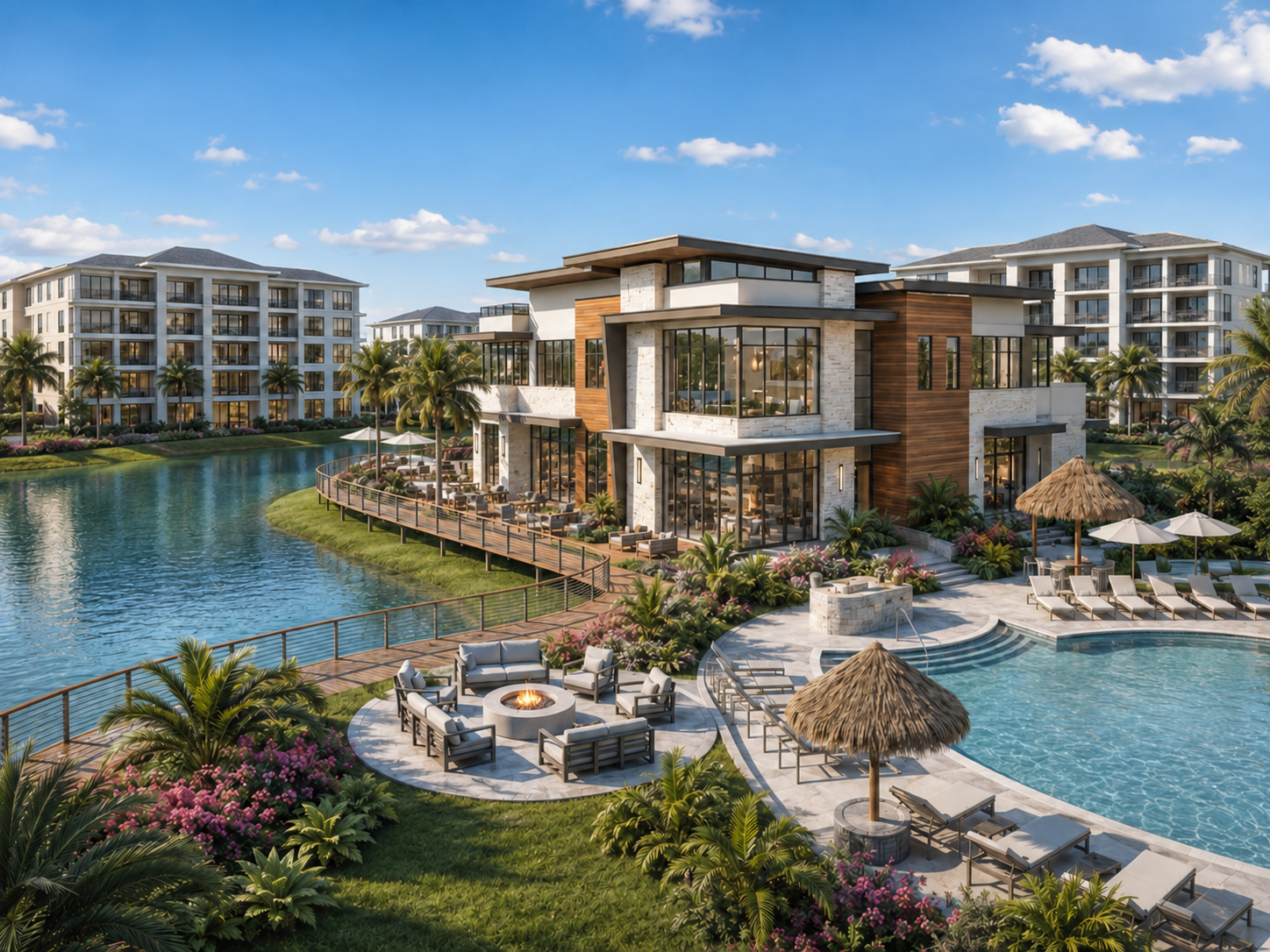 The Cascades at Marden waterfront clubhouse and pool