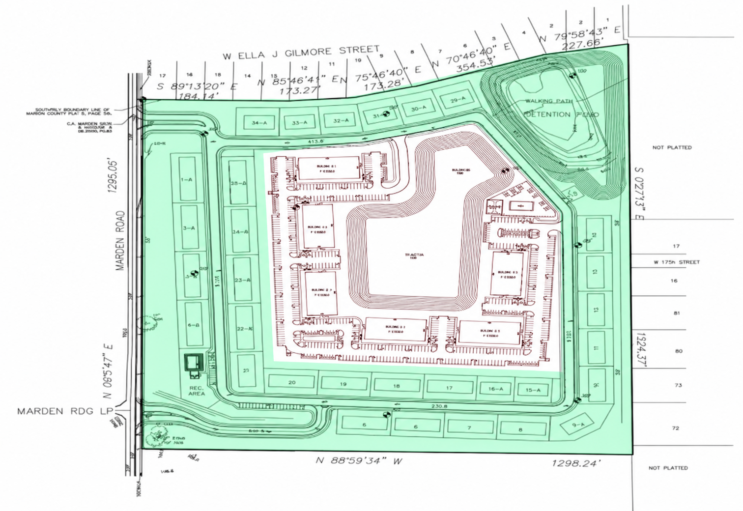 The Cascades at Marden site plan; the 184 townhome lots pre-sold to Meritage Homes are shown in green