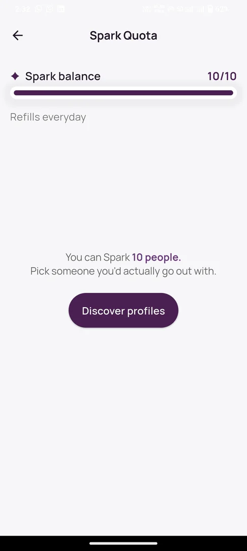 SPARK app — daily quota of ten Sparks encouraging intentional matching