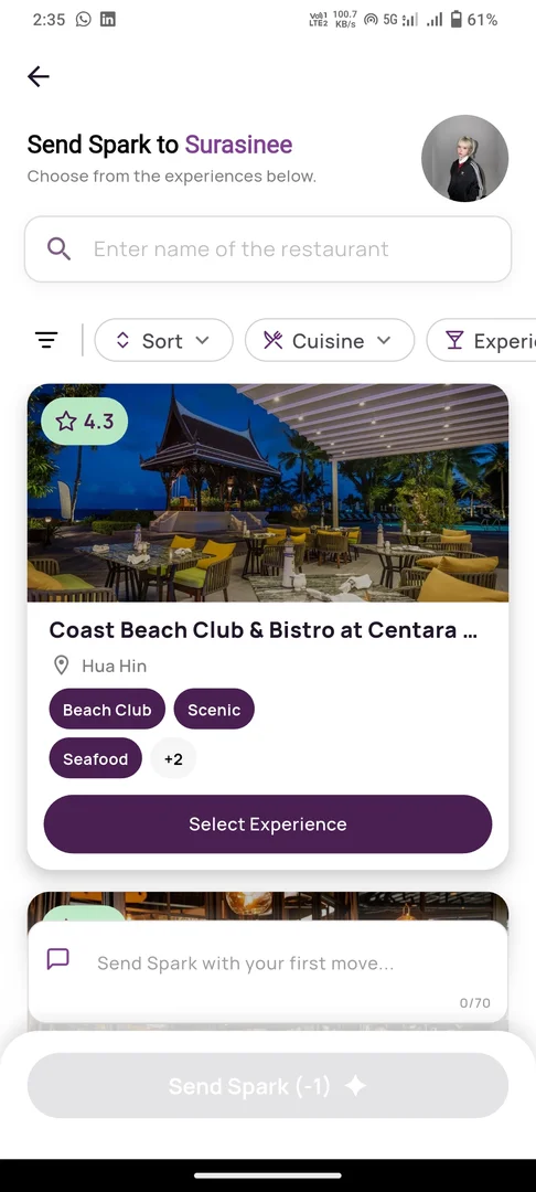 SPARK app — sending a Spark and choosing a shared experience