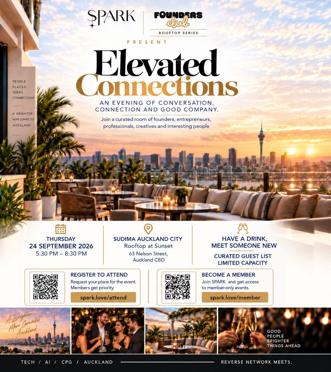 SPARK and Founders Club Rooftop Series present Elevated Connections at Sudima Auckland City on Thursday 24 September 2026