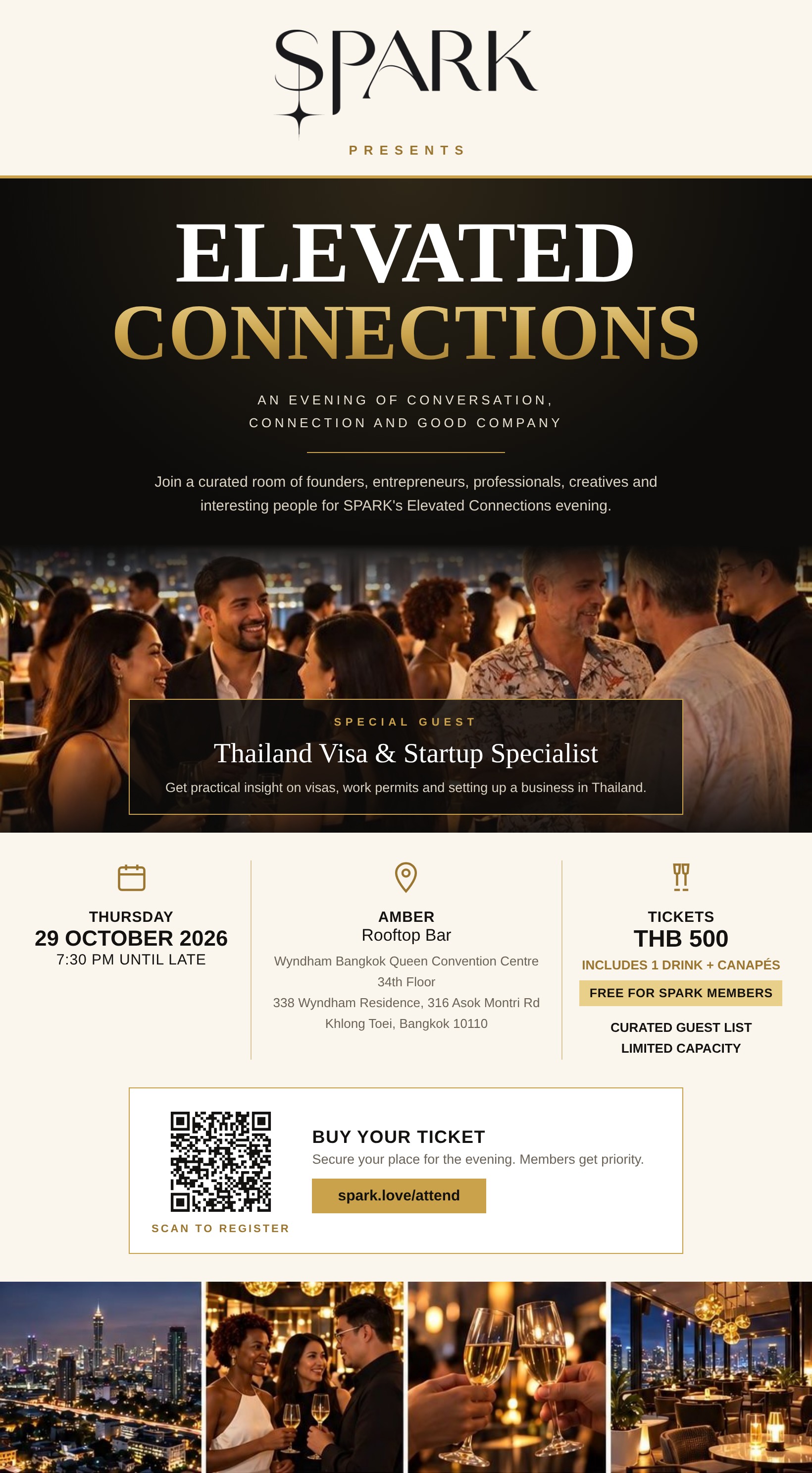 SPARK Presents Elevated Connections flyer: Thursday 29 October 2026, 7:30 PM until late, Amber Rooftop Bar, Wyndham Bangkok Queen Convention Centre, 34th Floor. THB 500 including one drink and canapés, free for SPARK members.