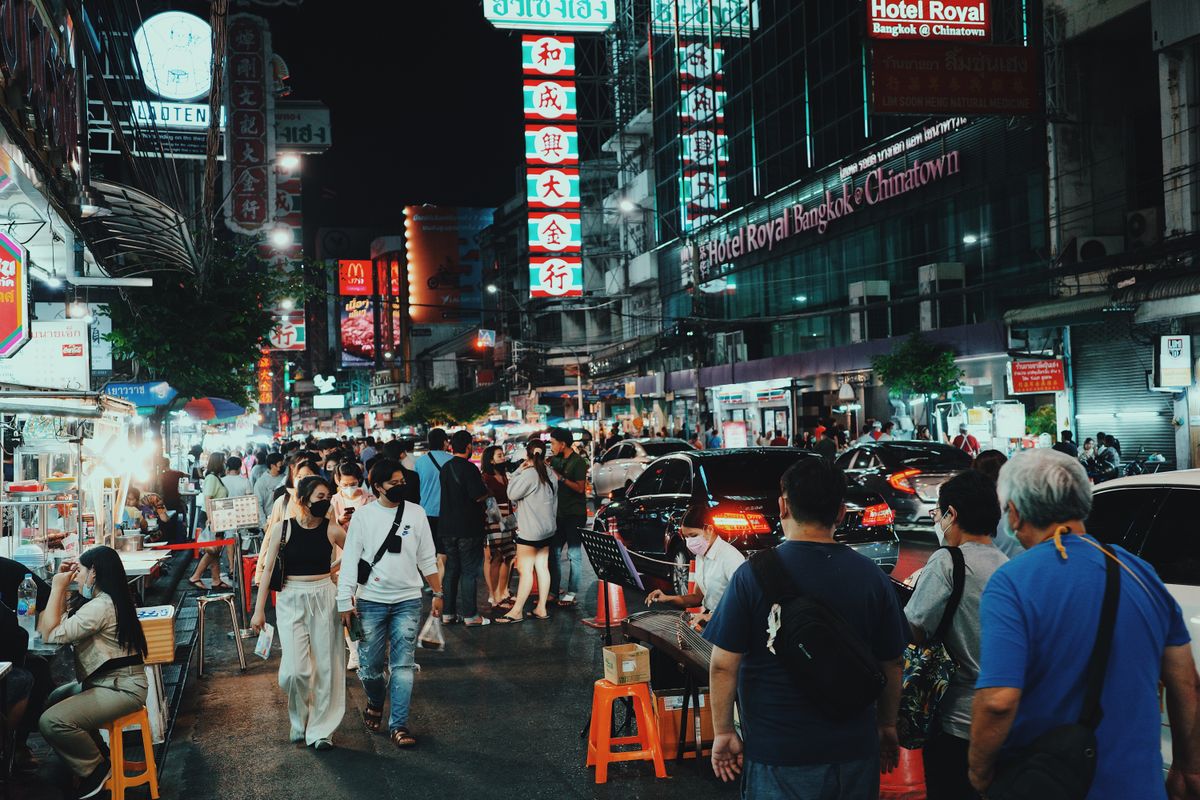 Bangkok's Chinatown at night, alive with street food and neon