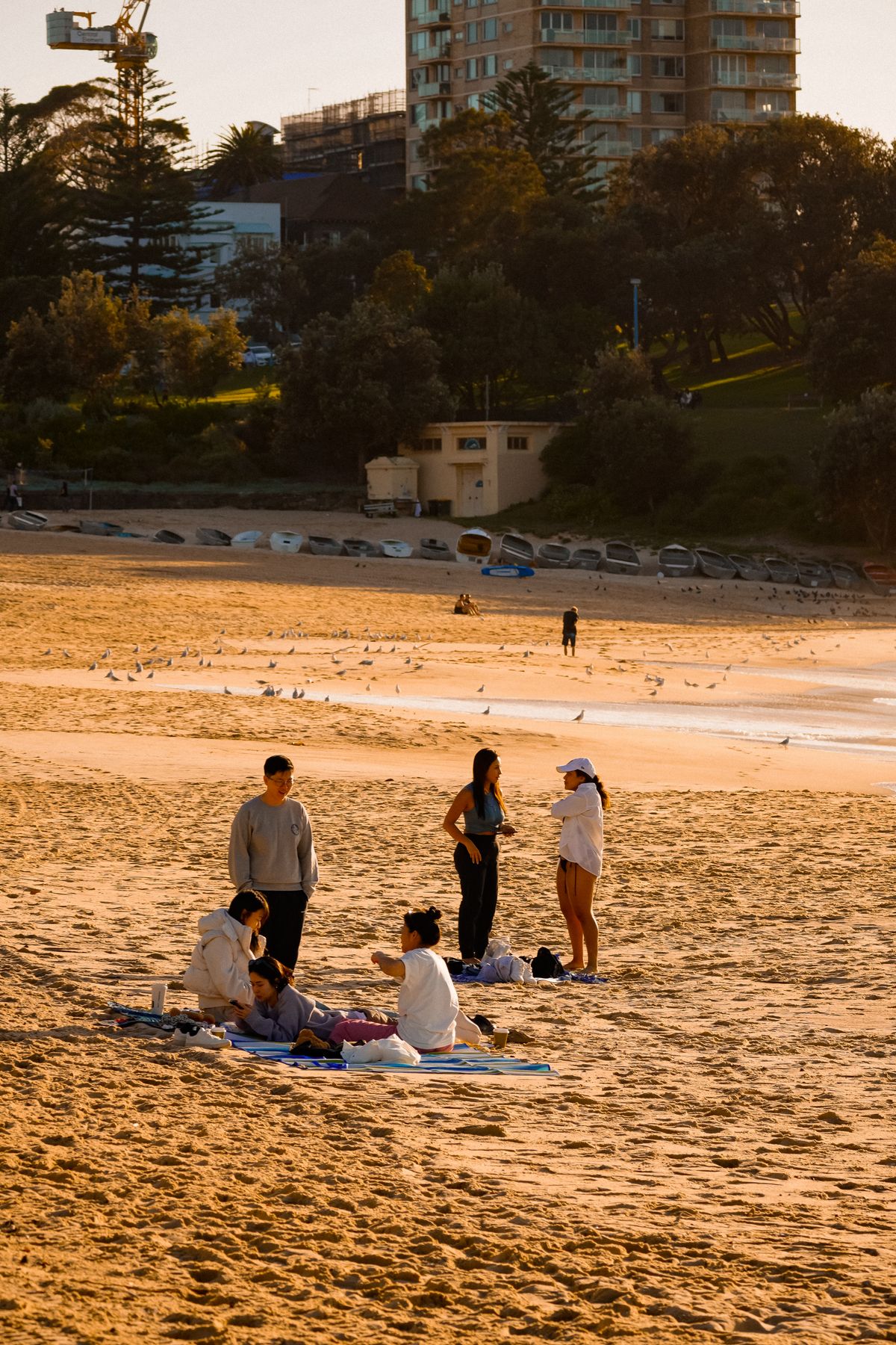 Friends sharing a relaxed picnic on a beach at sunset