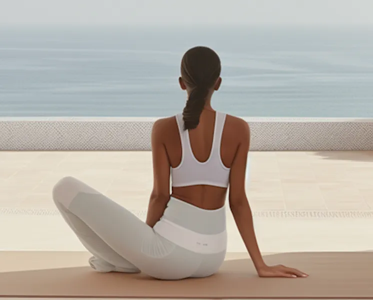 Woman in white workout clothes sitting cross-legged facing a calm ocean from a terrace.