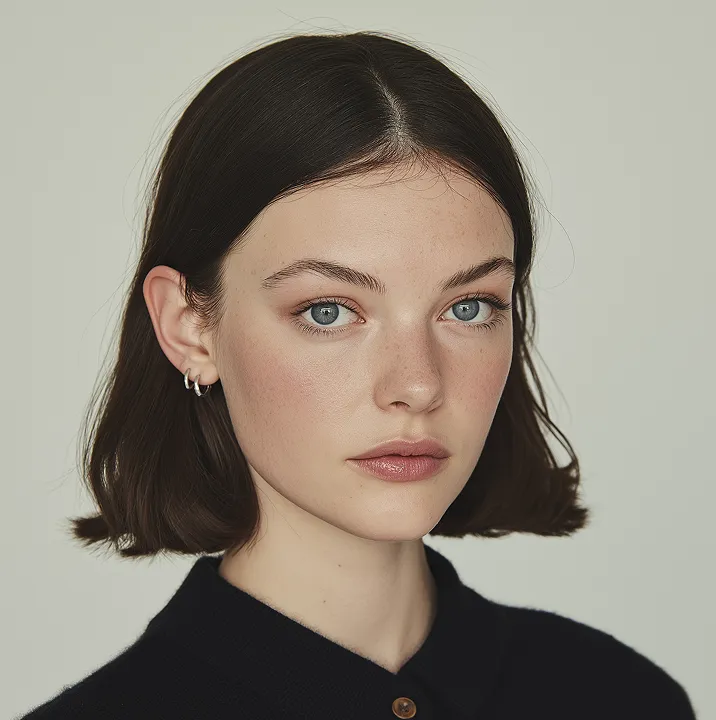 Young woman with blue eyes, short dark hair, wearing small hoop earrings and a dark buttoned shirt.
