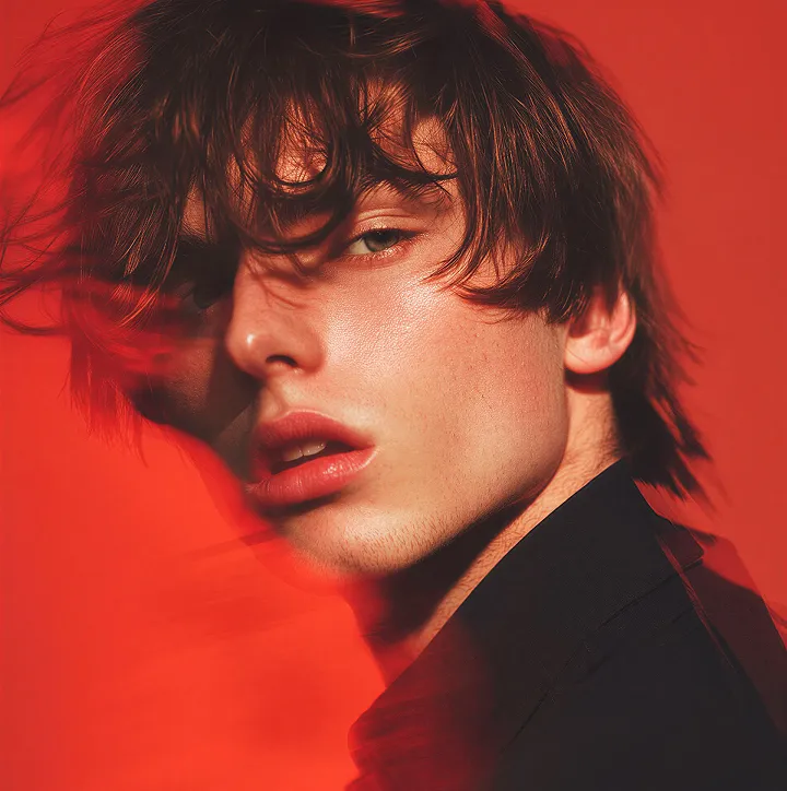 Close-up of a young man with tousled hair against a red background, his face blurred in movement.