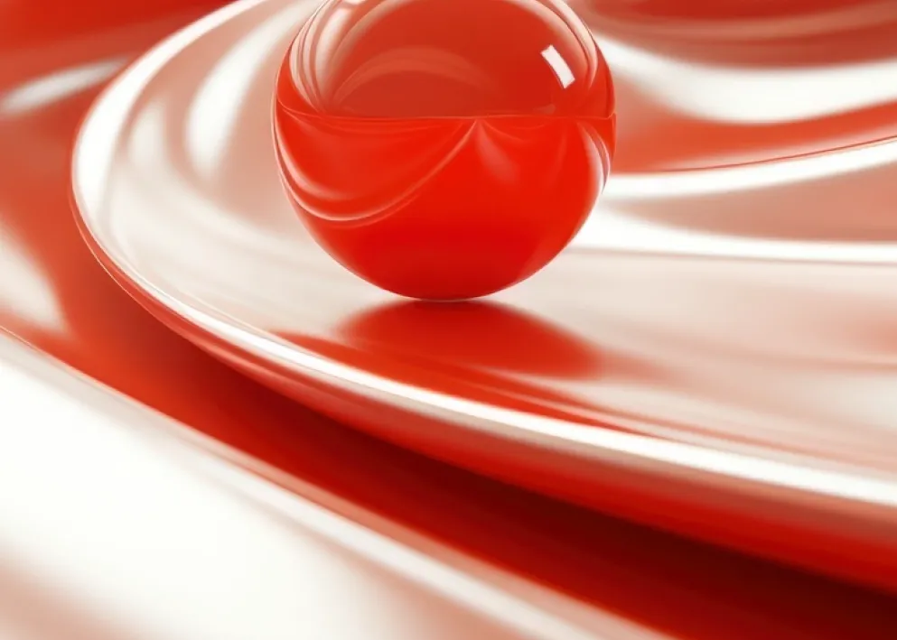 Glossy red sphere resting on flowing red and white silky fabric creating smooth waves.
