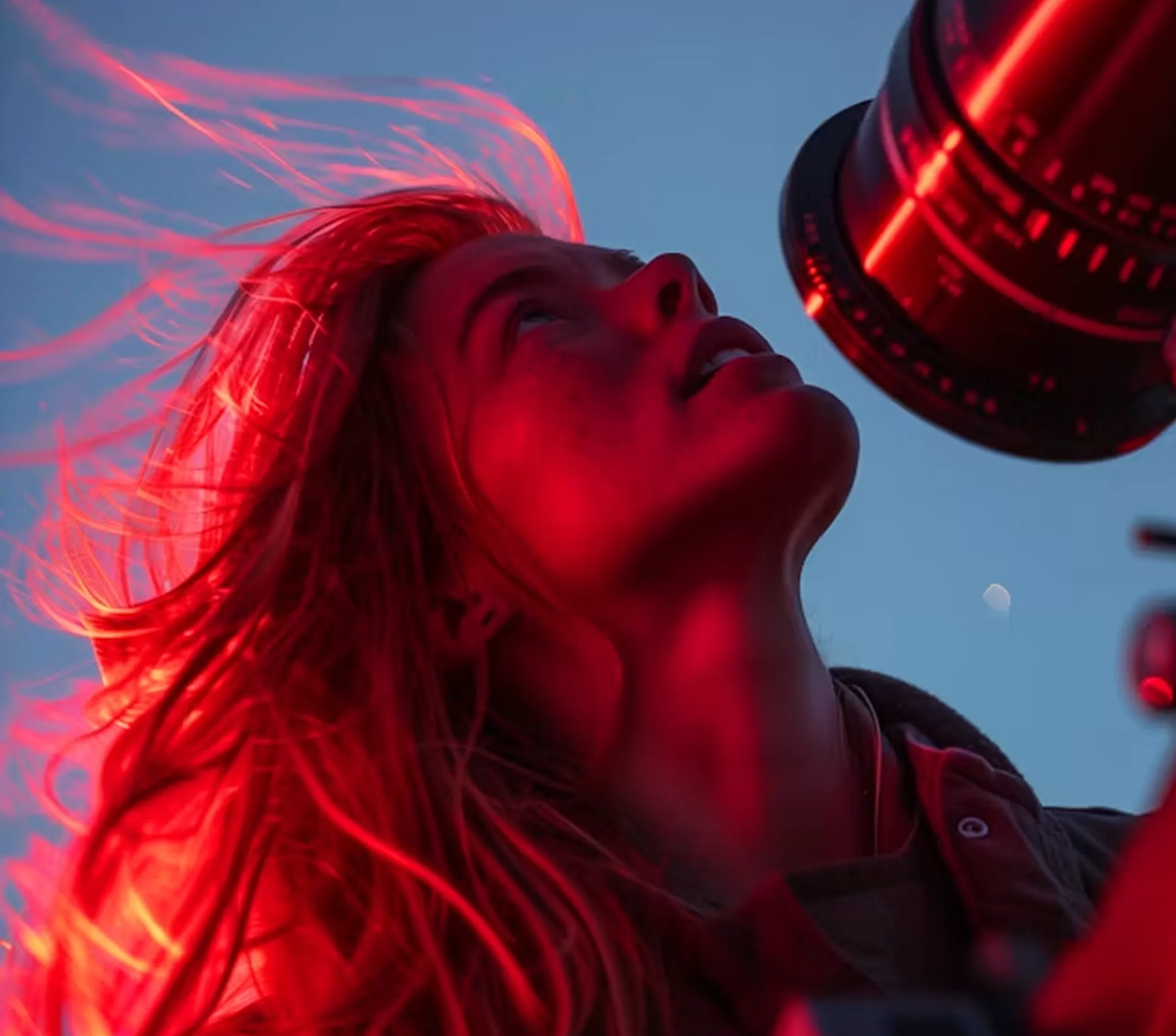 Woman looking through a telescope with red light illuminating her face and hair against a blue sky.
