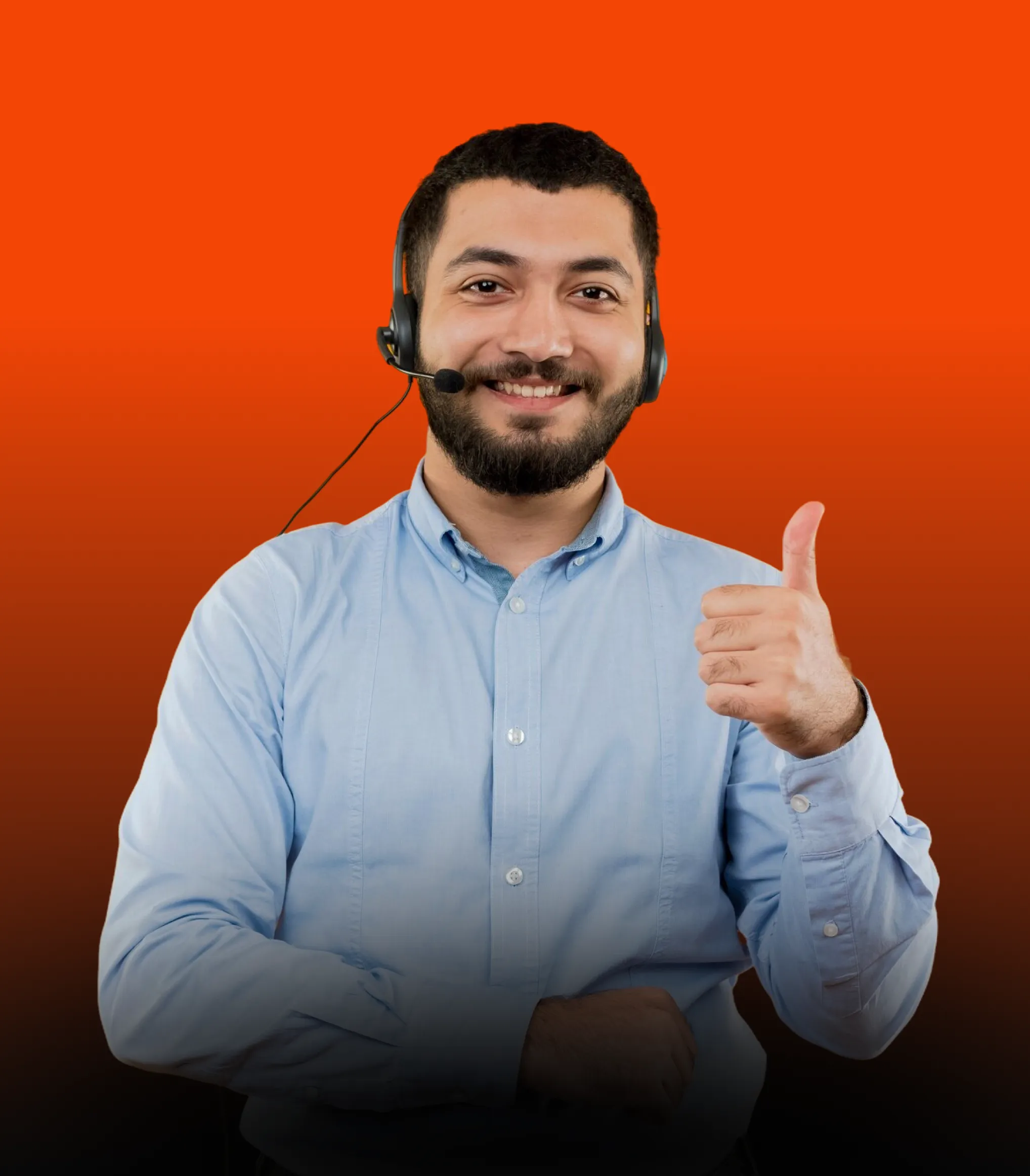 Smiling man with beard and headset giving a thumbs-up against an orange background.