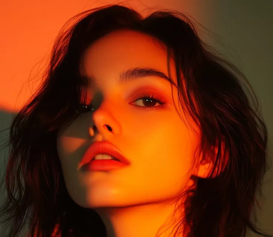 Close-up of a young woman with short dark hair, warm orange light on her face, lips slightly parted.