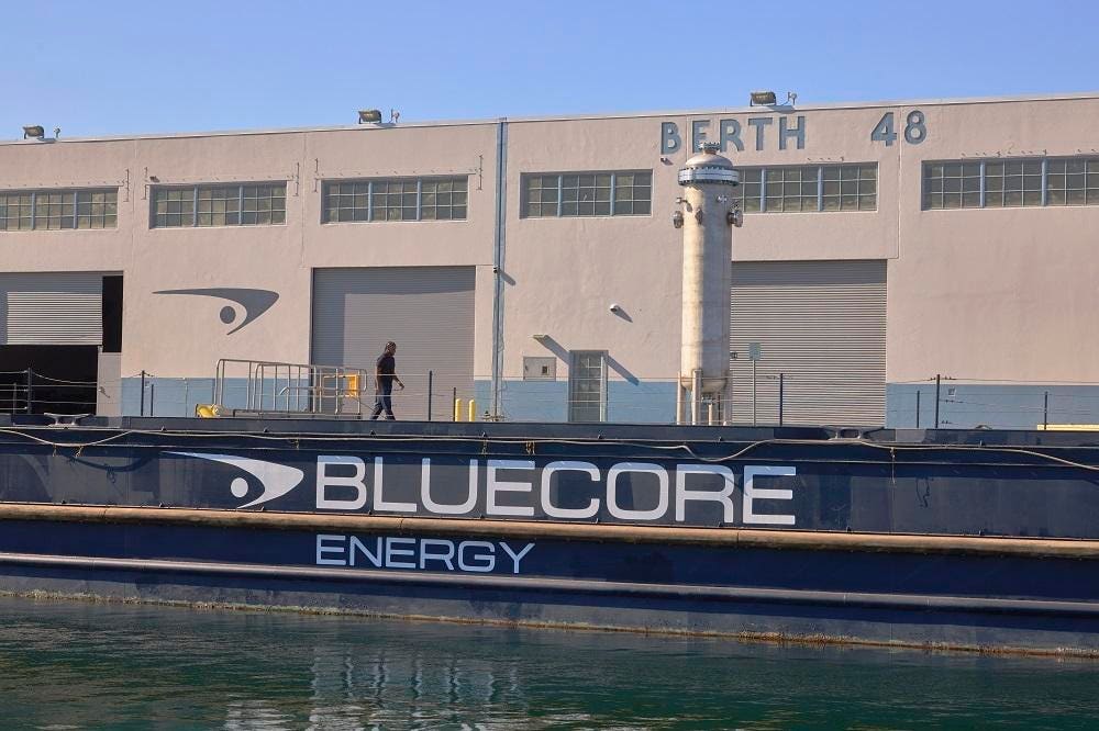 Bluecore Energy's floating nuclear power generator at the Port of Long Beach, as pictured in Forbes