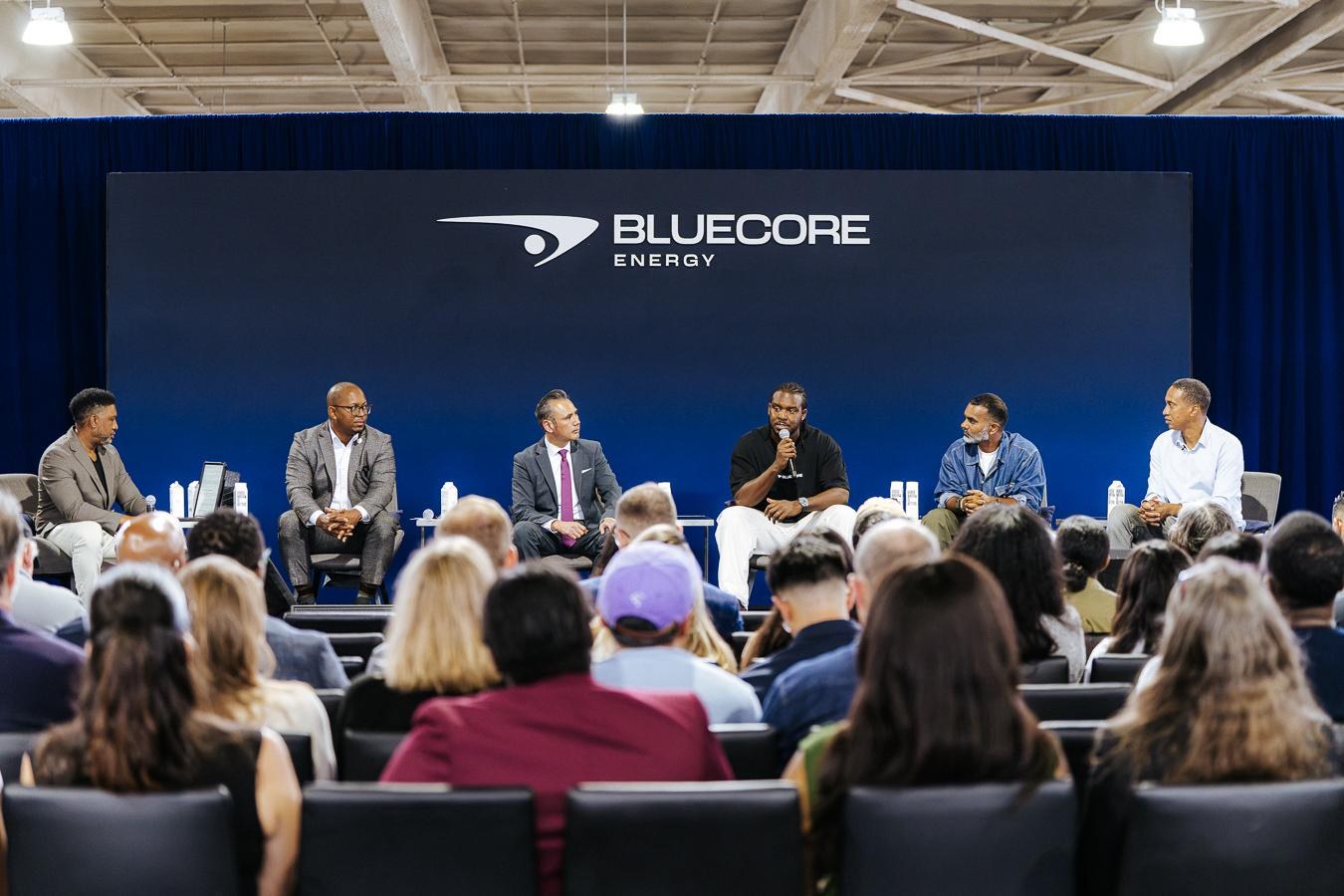 Kofi Asante, Mayor Rex Richardson, Dr. Noel Hacegaba, Ajay Relan and Austin Clements on stage at the Bluecore Energy Summit