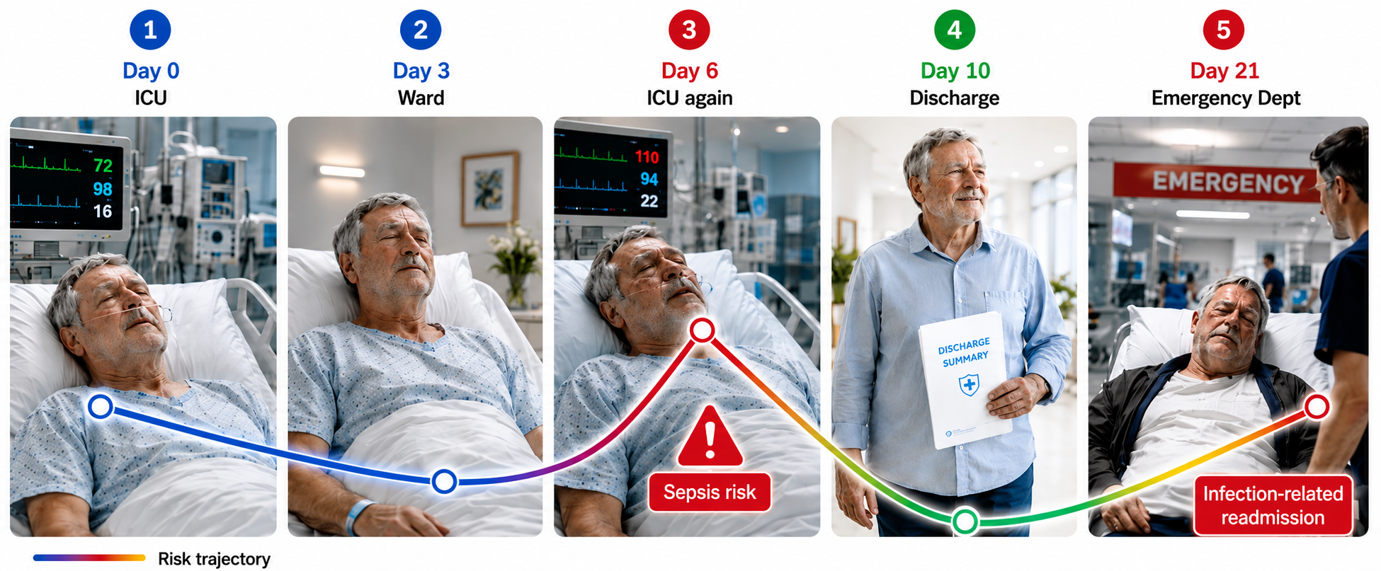 CrelyCOMPASS across the recovery journey — ICU, ward, ICU again with sepsis risk, discharge, and emergency infection-related readmission