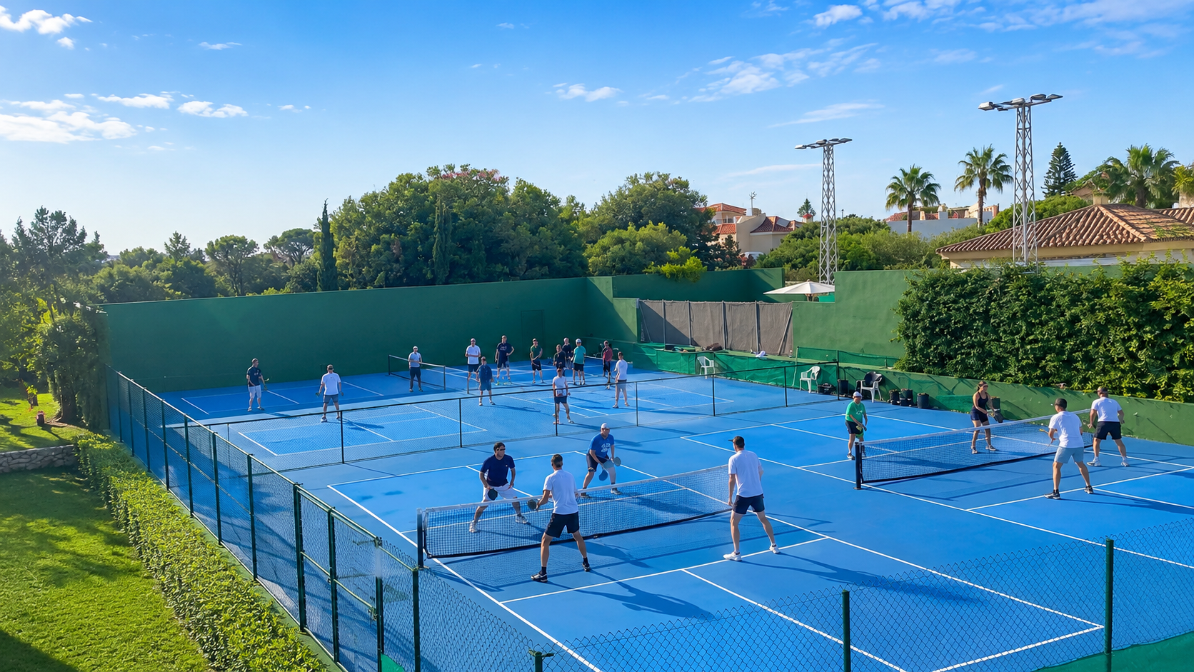 Players enjoying pickleball on outdoor courts