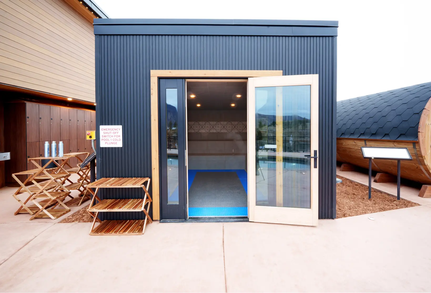 Entrance to the black-clad communal sauna at Sauna Summit