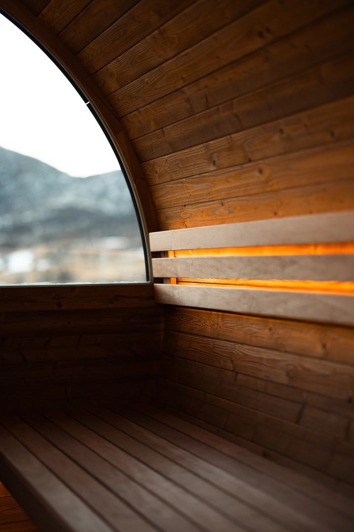 Custom sauna interior with a warm illuminated salt wall