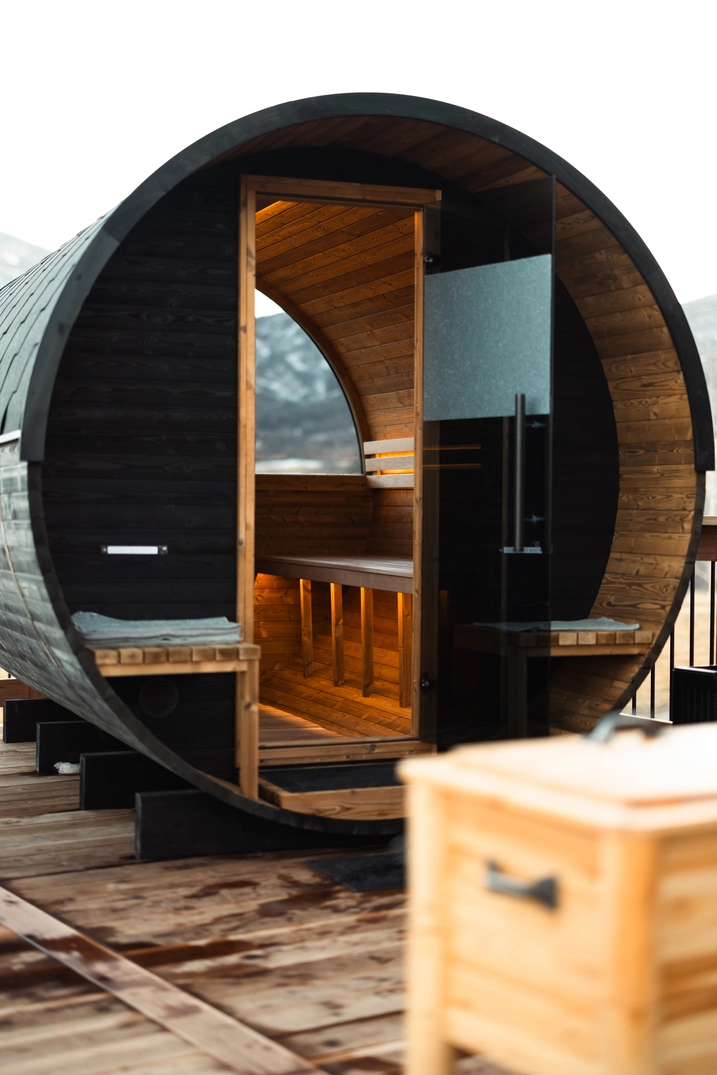 Open entrance revealing the cedar interior of the Soldier Hollow sauna