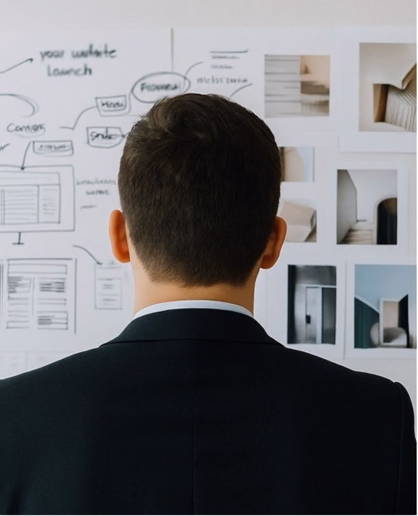Man in a black suit facing a wall covered with architectural photos and sketches, appearing to study or plan.