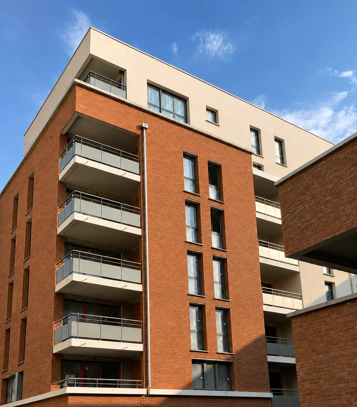 Vue d'ensemble du projet Le Cubik à Toulouse, bâtiment collectif à structure en béton armé avec corniche préfabriquée périphérique.