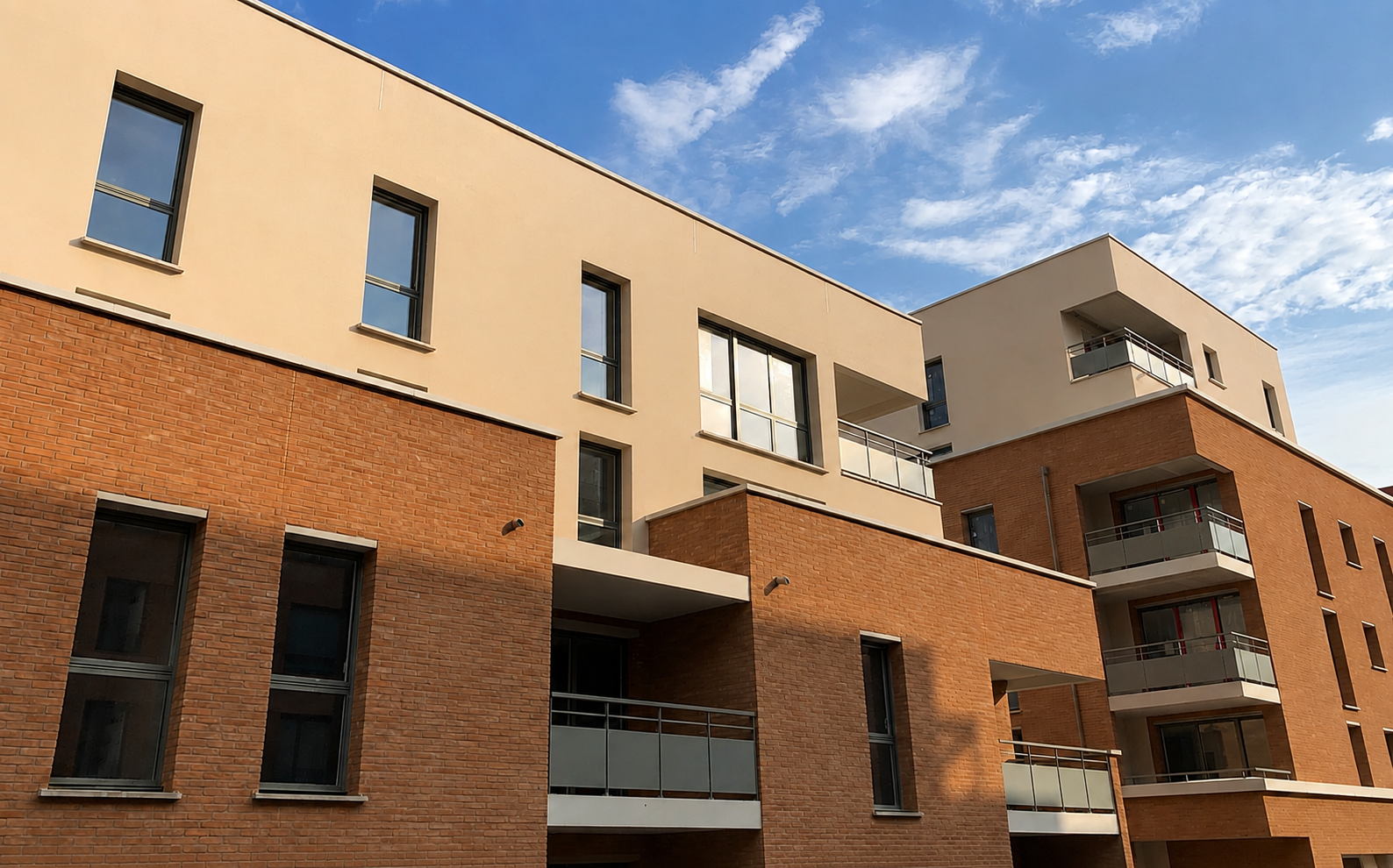 Vue extérieure des façades du projet Le Cubik à Toulouse, bâtiment collectif à structure en béton armé et murs en maçonnerie.