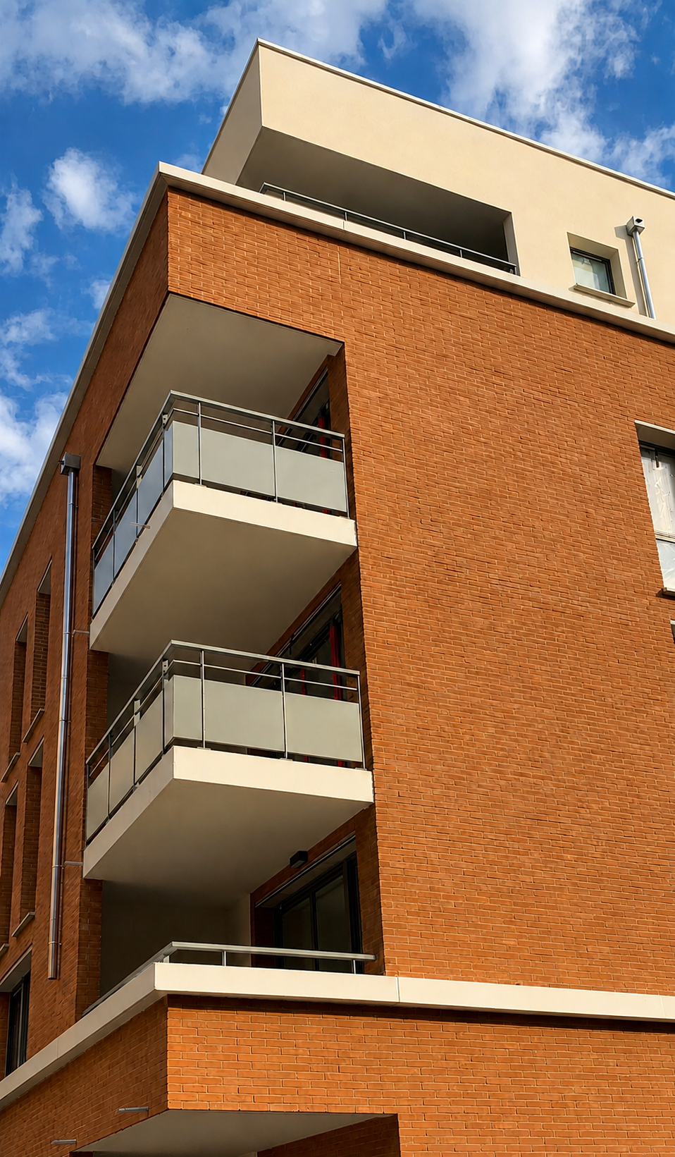 Vue extérieur de la façade du projet Le Cubik à Toulouse, avec balcons en béton armé et corniches préfabriquées.