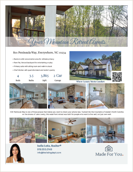 Print flyer for a real estate listing, 8.5 by 11, branded to the agent and ready for open houses, showings, and mailers